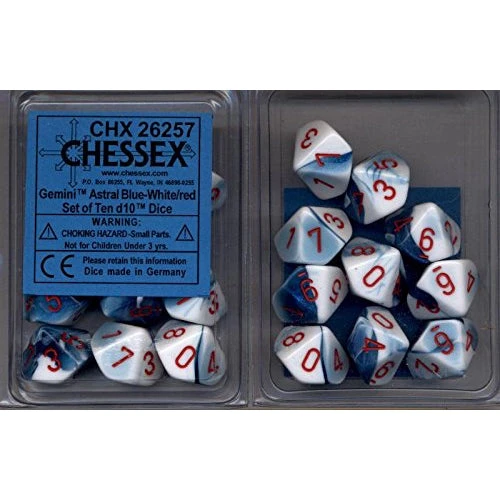 Chessex : Gamini Astral Blue-white/red D10 3 Chessex : Gamini Astral Blue-white/red D10