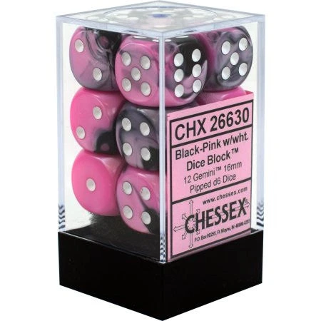 Chessex : 16mm D6 Set Black-Pink/White 3 Chessex : 16mm D6 Set Black-Pink/White